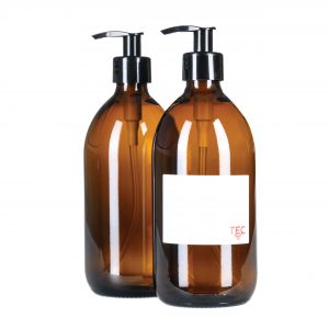 Amber Glass Bottles With Pump Dispenser 500ml 65% Recycled UK Made Small Soap Dispenser for Handwash Recyclable Refillable Labels Wrapped in Brown Sustainable Paper