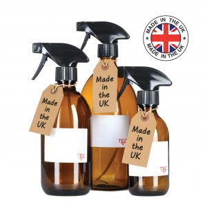 Amber Glass Spray Bottles 500ml 65% Recycled UK Made Small with Caps for Cleaning and Hair Water Oil Gardening Mist Essential Oils Recyclable with Labels Wrapped in Sustainable Paper